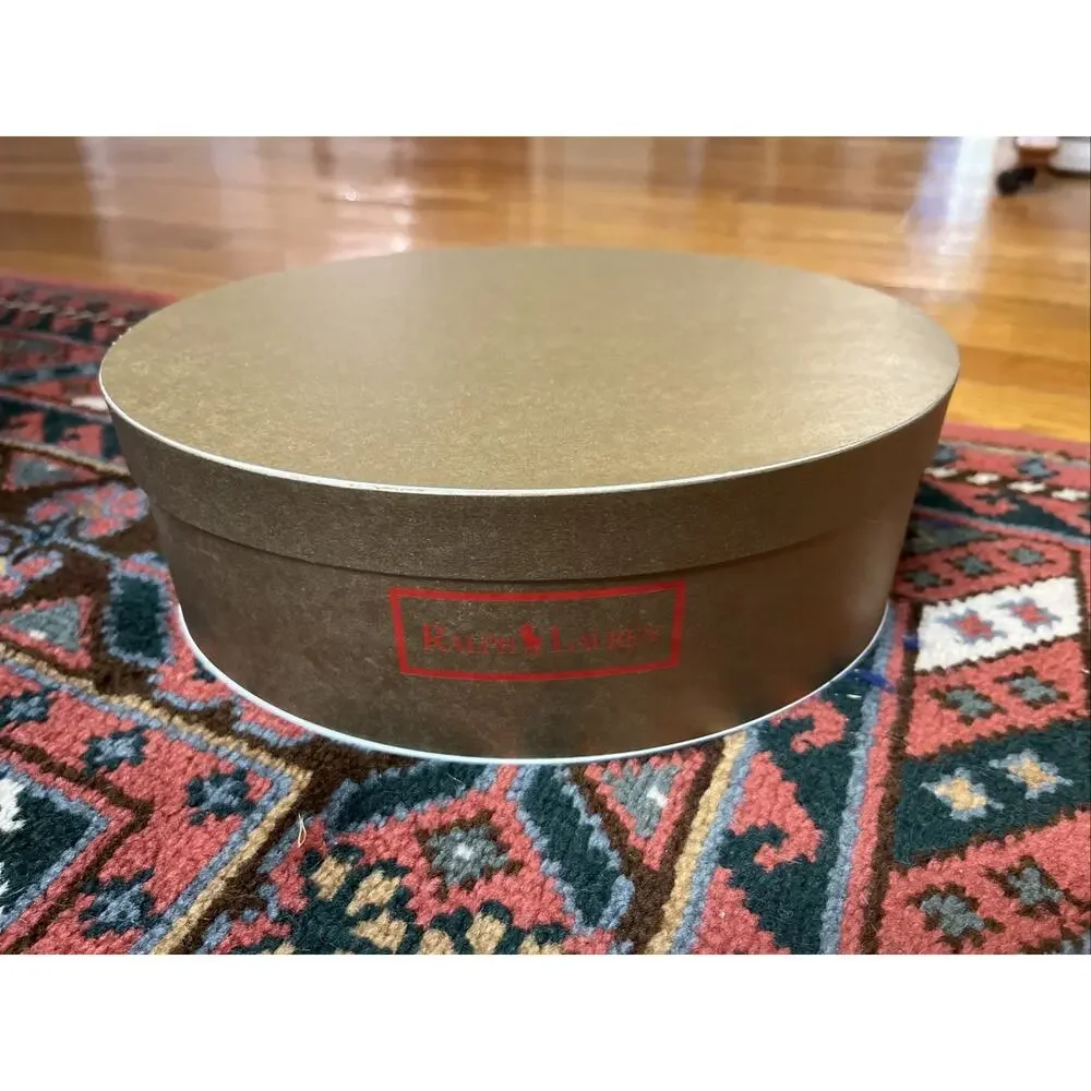 Vintage Ralph Lauren Polo Gold Gift Box Hat Box with Red Lettering Oval Empty